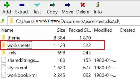 Screenshot of Excel file, “xl” directory, unzipped with 7-Zip Screenshot of Excel file, “xl” directory, unzipped with 7-Zip