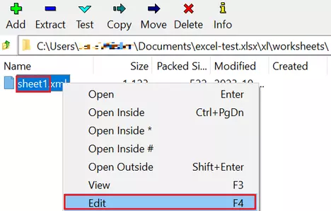 Screenshot of the Excel file, directory “xl\worksheets”, opened in the program 7-Zip, with context menu Screenshot of the Excel file, directory “xl\worksheets”, opened in the program 7-Zip, with context menu