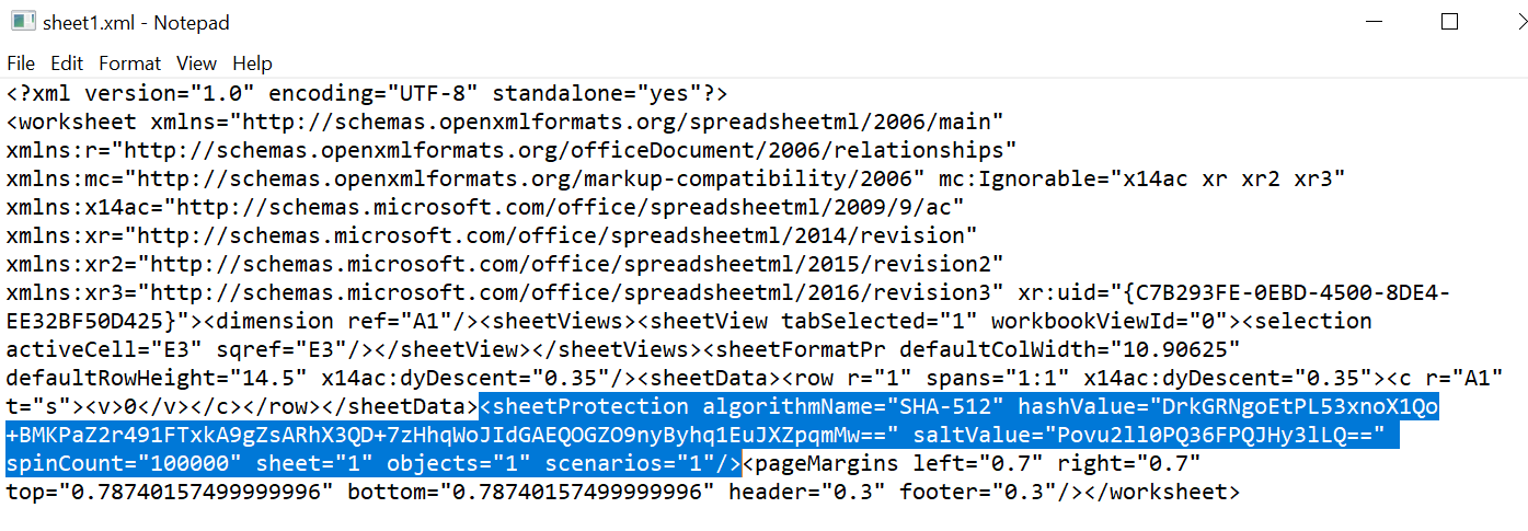 The XML file of a worksheet opened in the Windows editor with the sheet protection entry marked The XML file of a worksheet opened in the Windows editor with the sheet protection entry marked